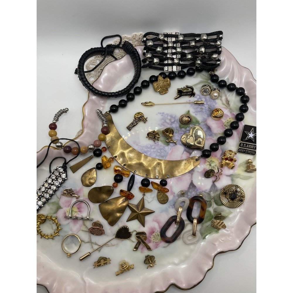 Mixed Lot Costume Jewelry, Necklace, Pins, Bracelets, Cuffs, Rings And Hat Pins